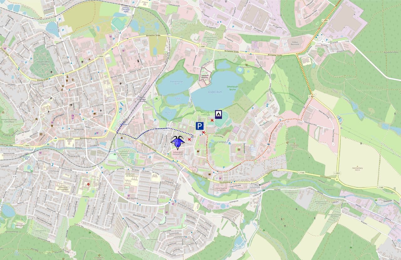 Luftbild des Campus mit dem Weg zur Con-Wiese